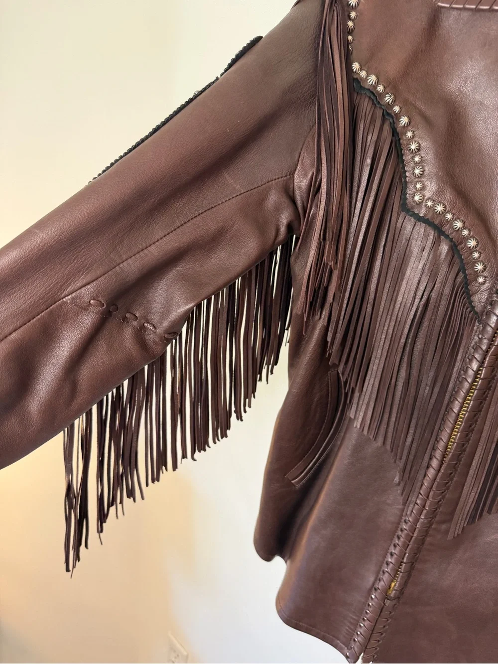 Appaloosa Trading Co 100% Leather Fringe Western Jacket Brown Concho woman large